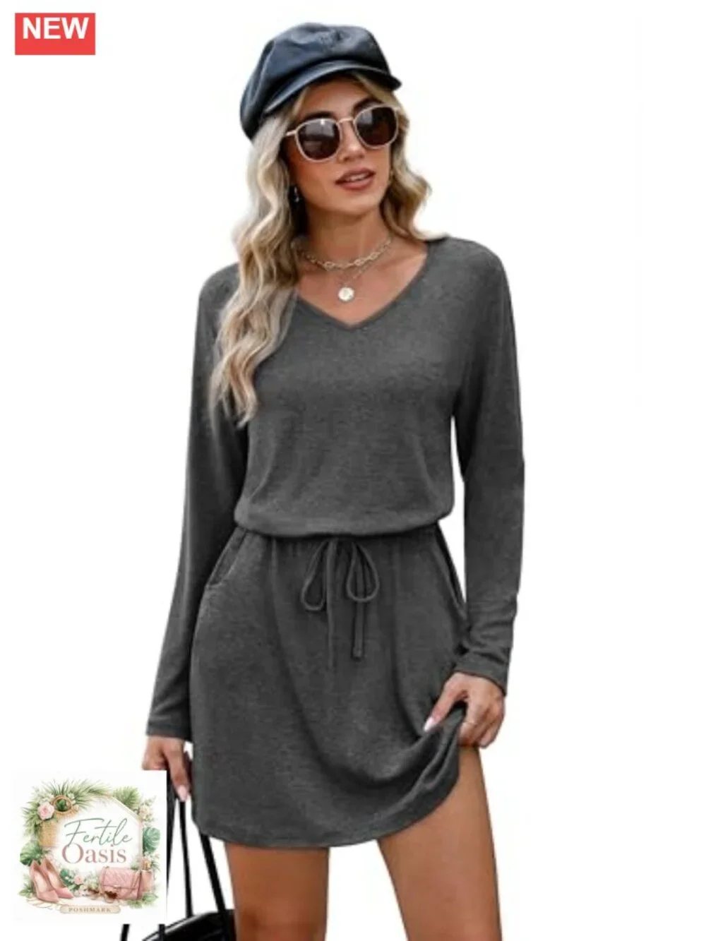 Women's Loose V-Neck Long Sleeve Tie Front A-Line Midi Dress with Pockets - Picture 2 of 6